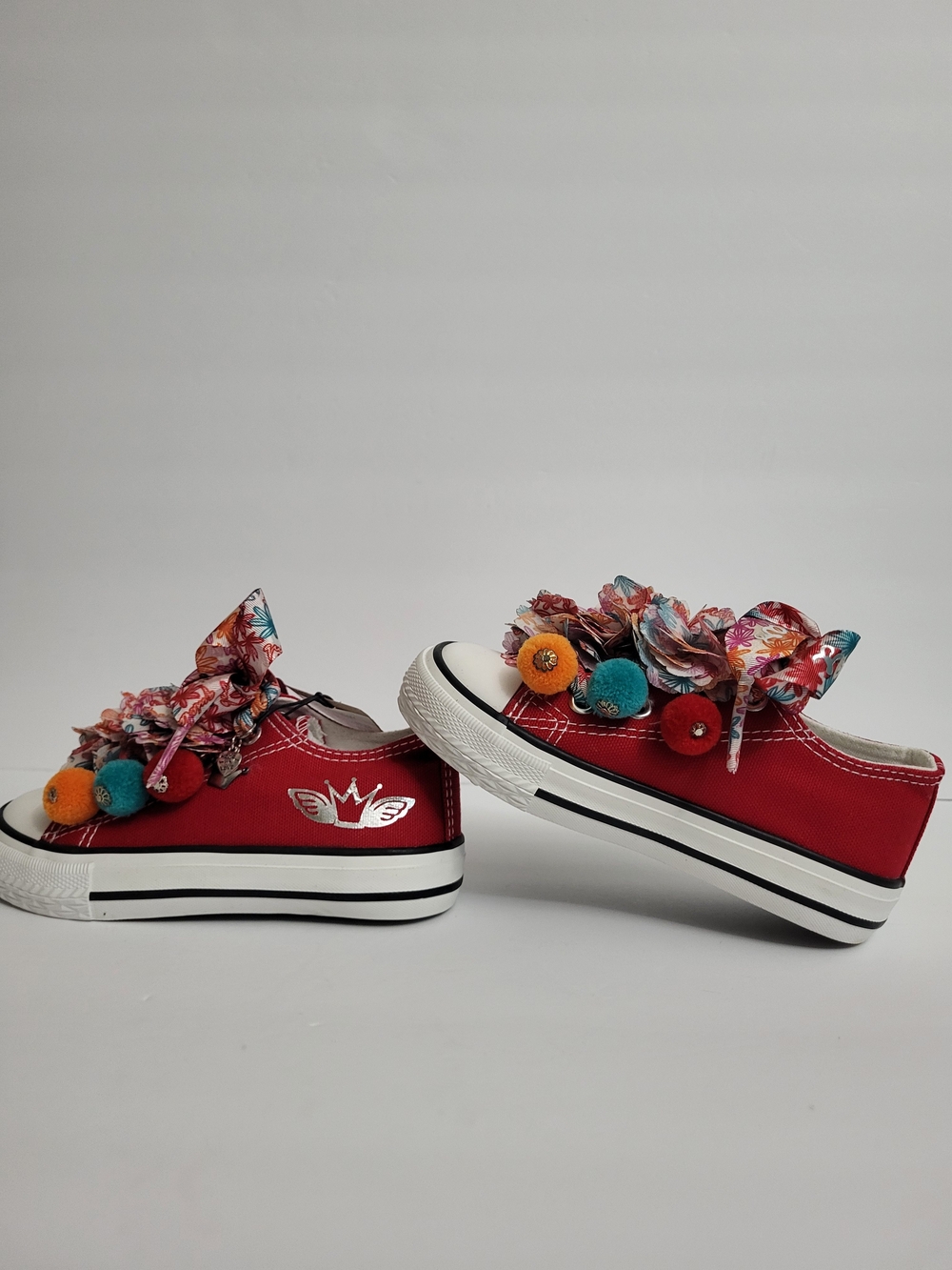 Kids Red Canvas Slip-On Sneakers with Pom Pom Accents